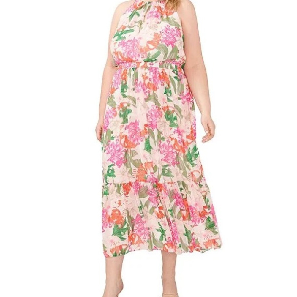 CECE Pink Floral Print Chiffon Halter Midi Dress